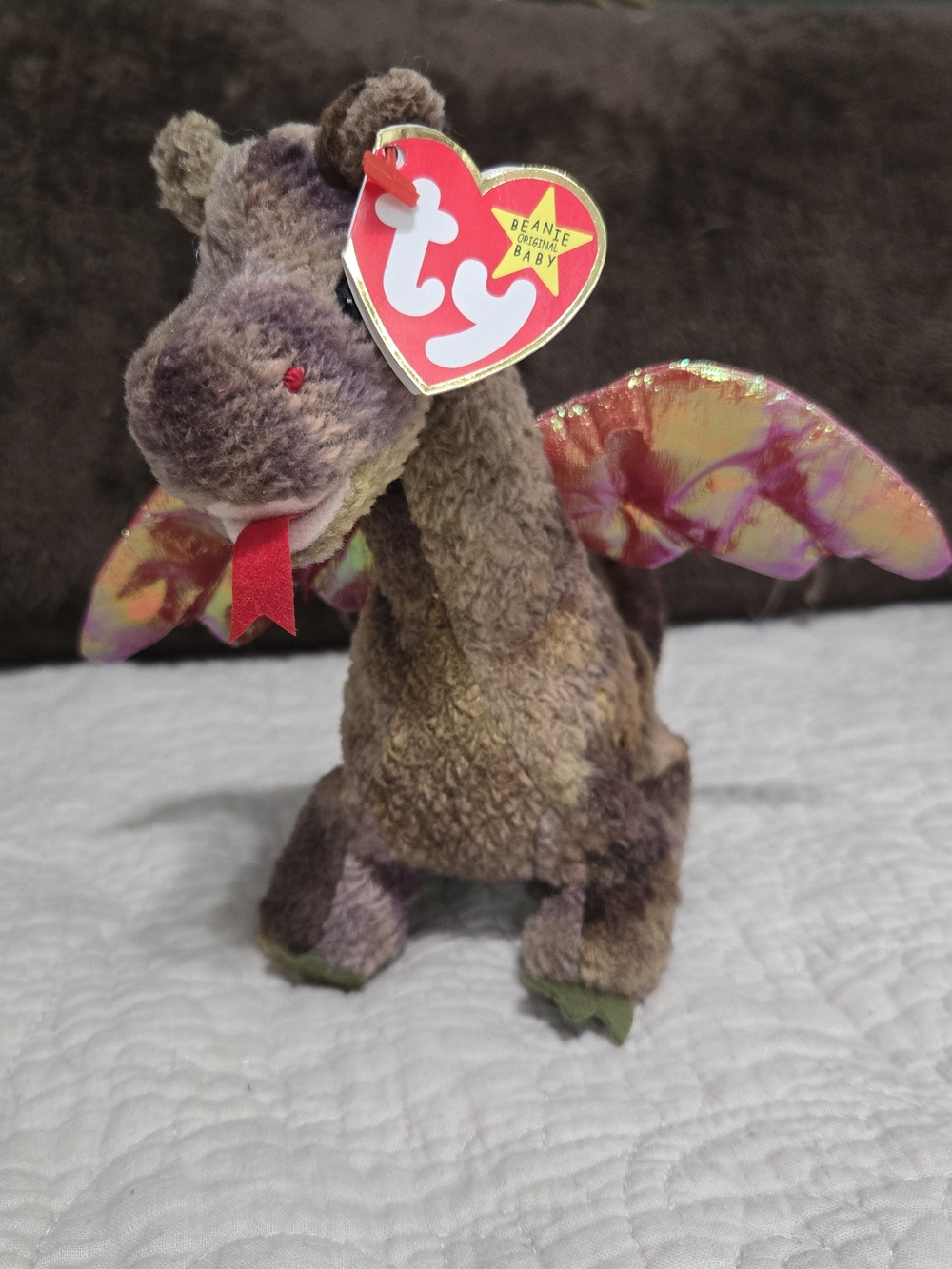 Ty Beanie Baby Scorch the Dragon Plush - Brown with Iridescent Wings